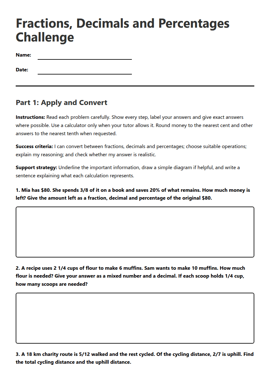 Fractions, Decimals and Percentages Challenge worksheet preview