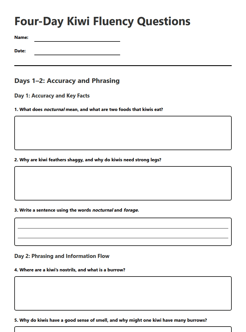 Four-Day Kiwi Fluency Questions worksheet preview