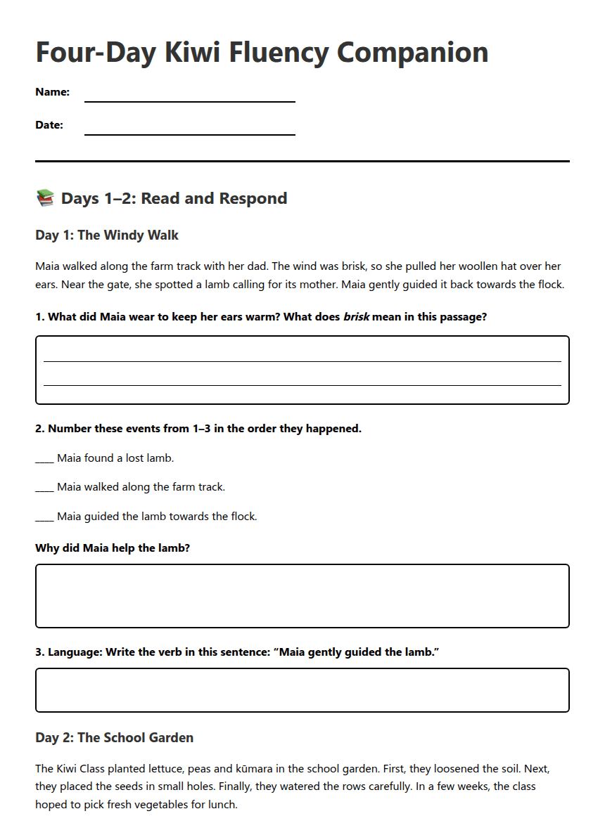 Four-Day Kiwi Fluency Companion worksheet preview