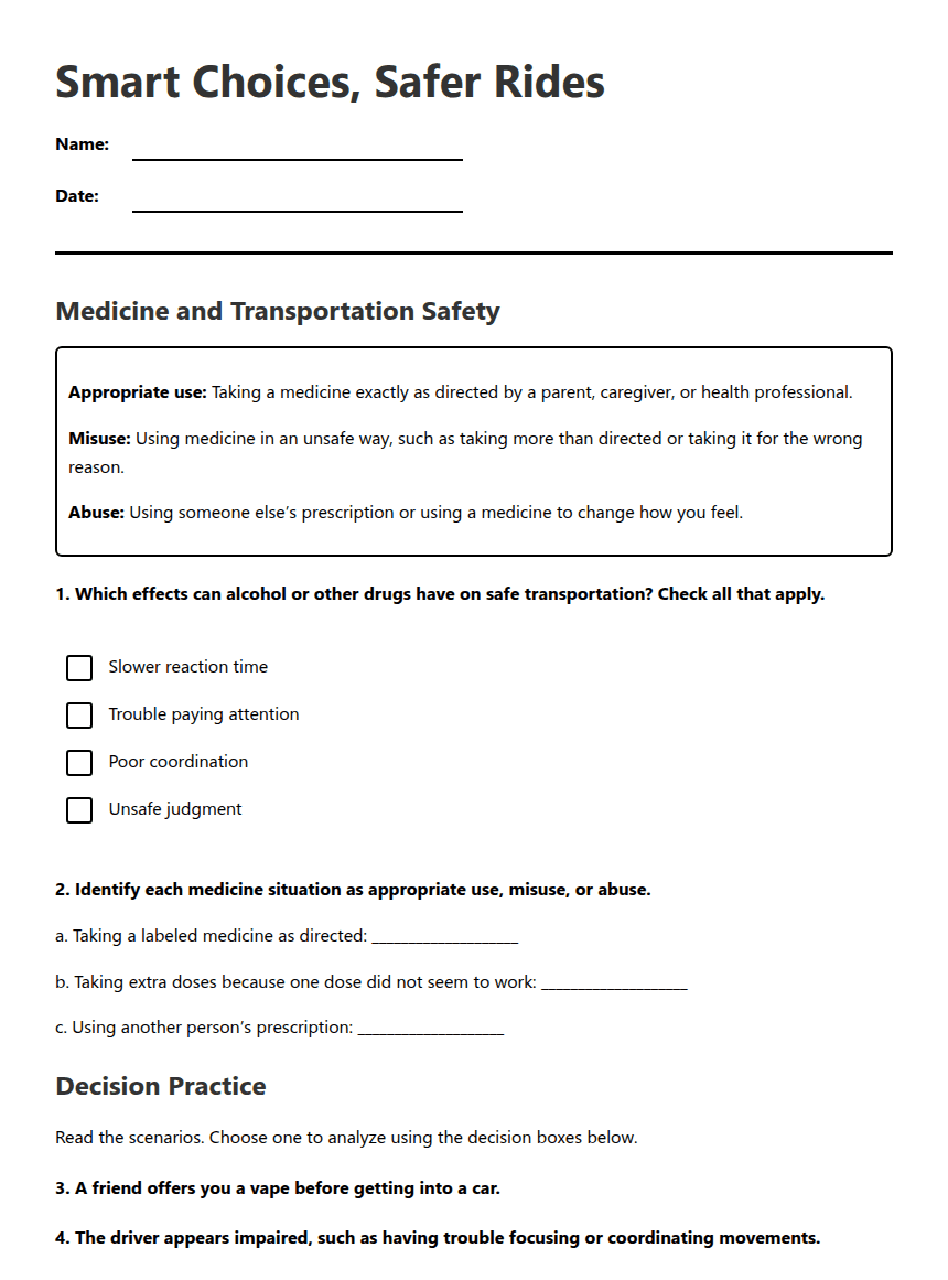 Safe Ride Decisions worksheet preview