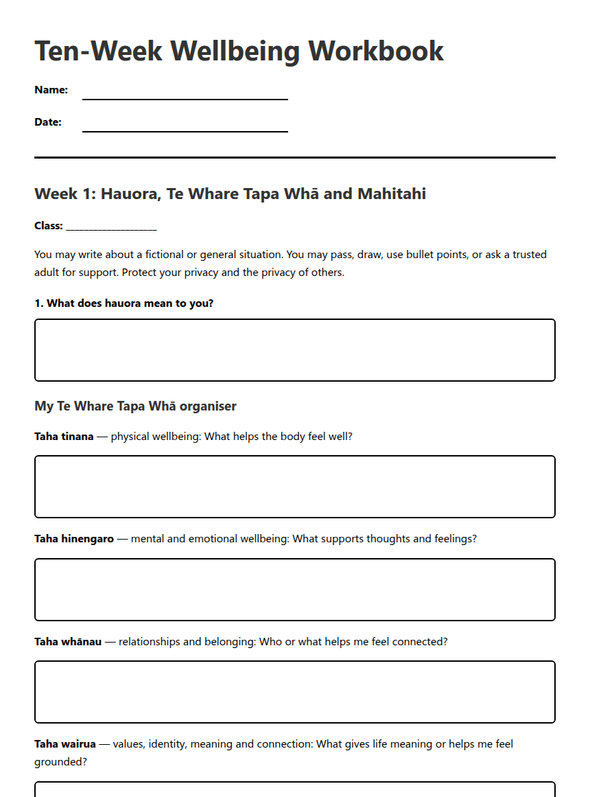 Ten-Week Wellbeing Workbook worksheet preview