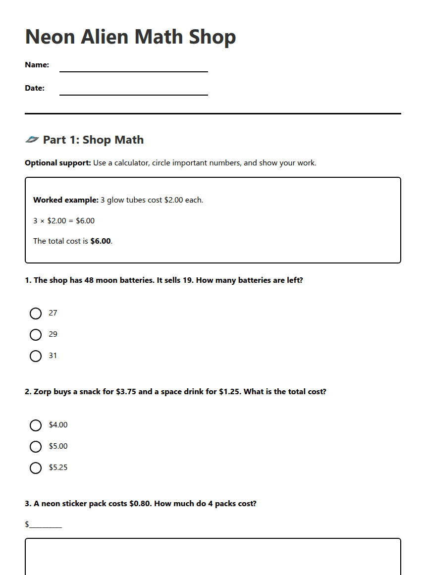 Neon Alien Math Shop worksheet preview