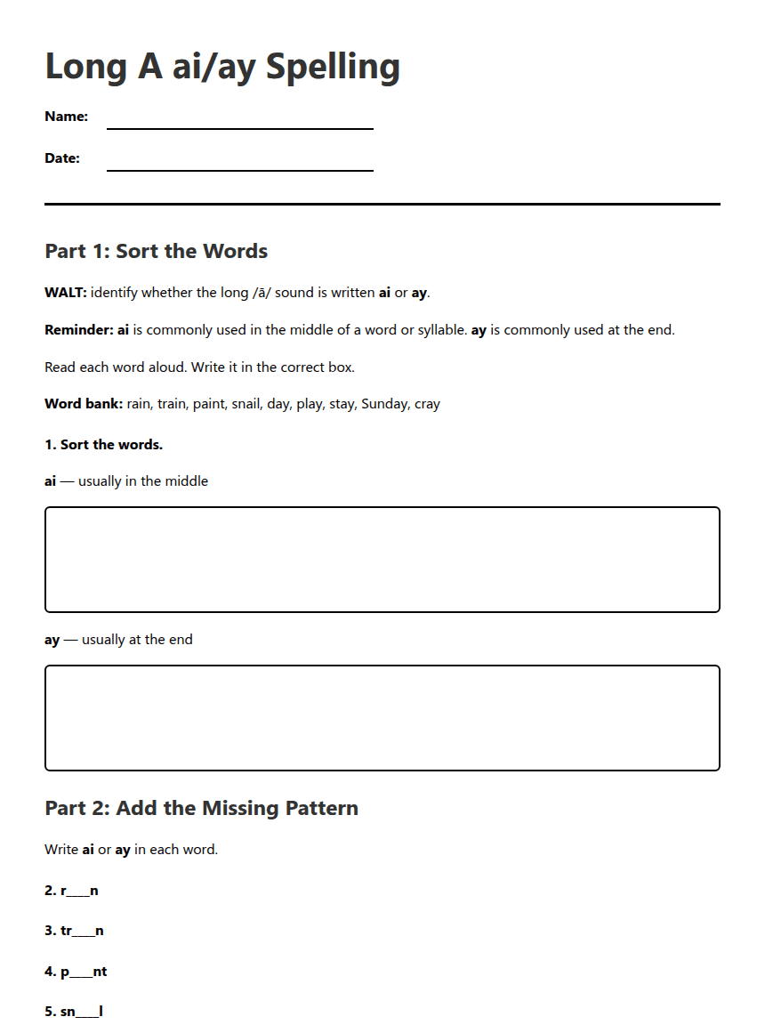Long A ai/ay Spelling worksheet preview