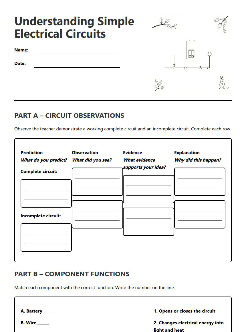 Understanding Simple Circuits worksheet preview