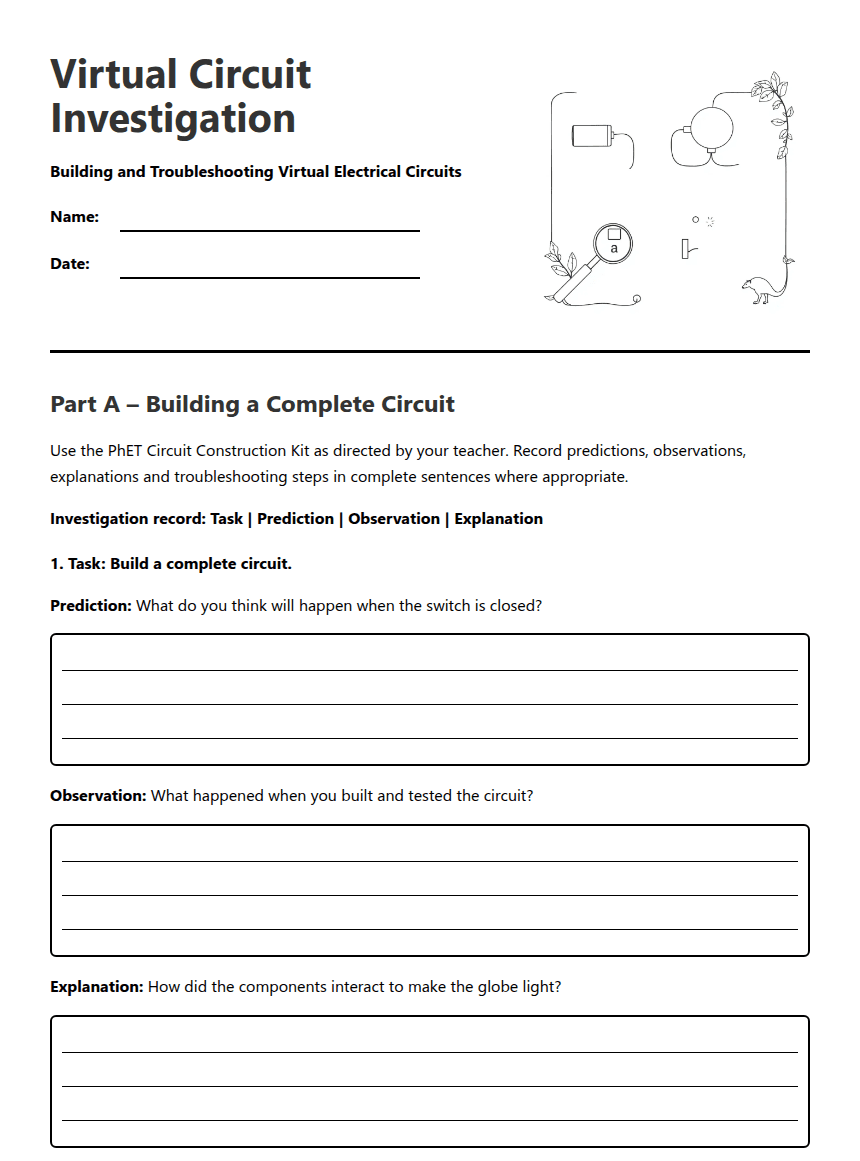 Virtual Circuit Investigation worksheet preview
