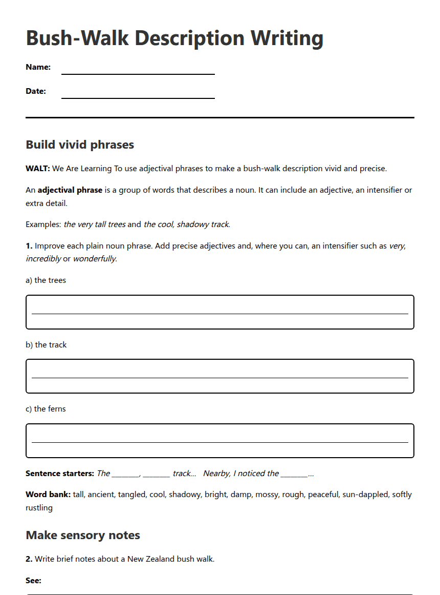 Bush-Walk Description Writing worksheet preview