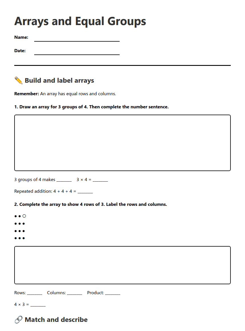 Arrays and Equal Groups worksheet preview