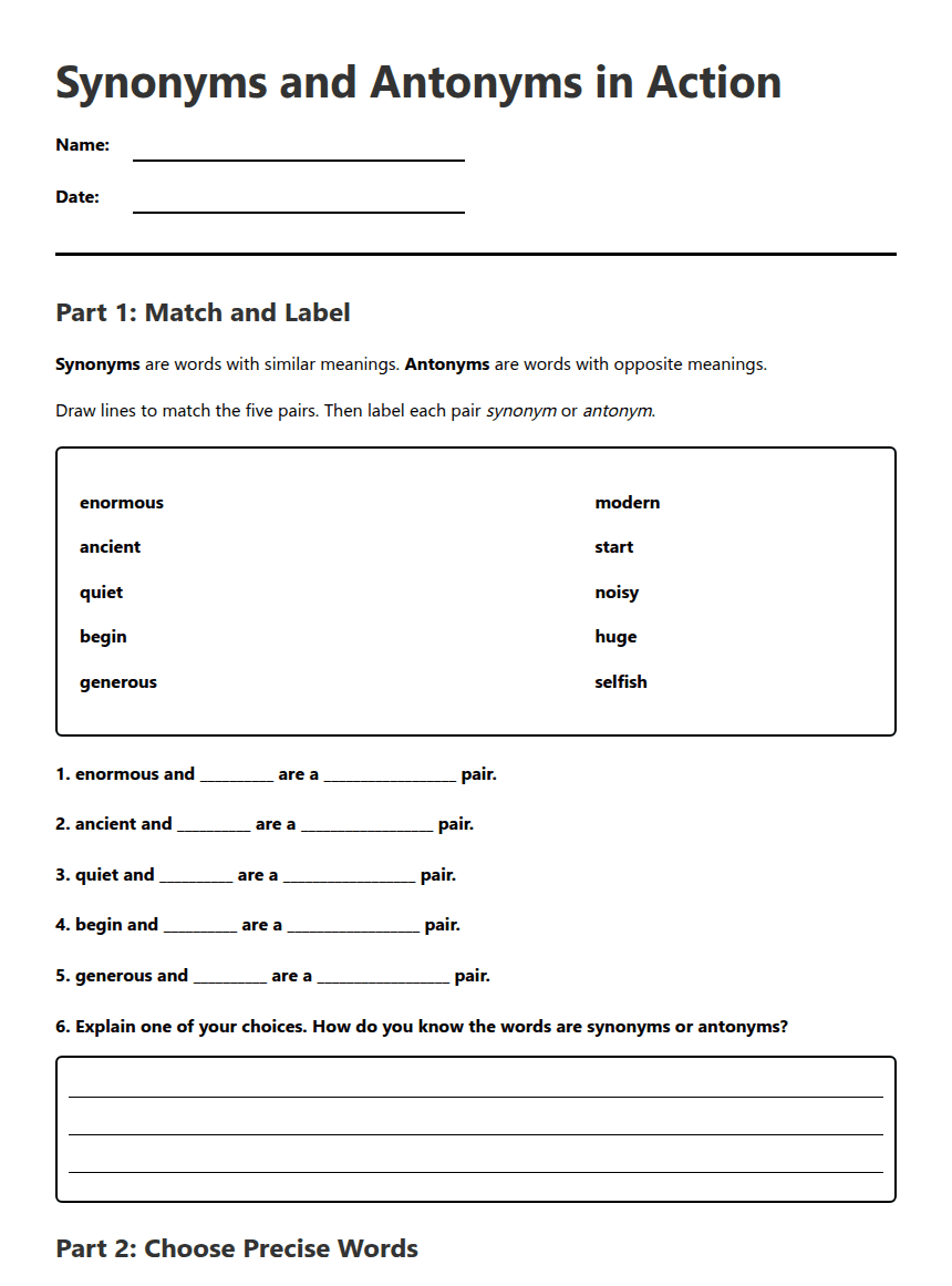 Synonyms and Antonyms in Action worksheet preview