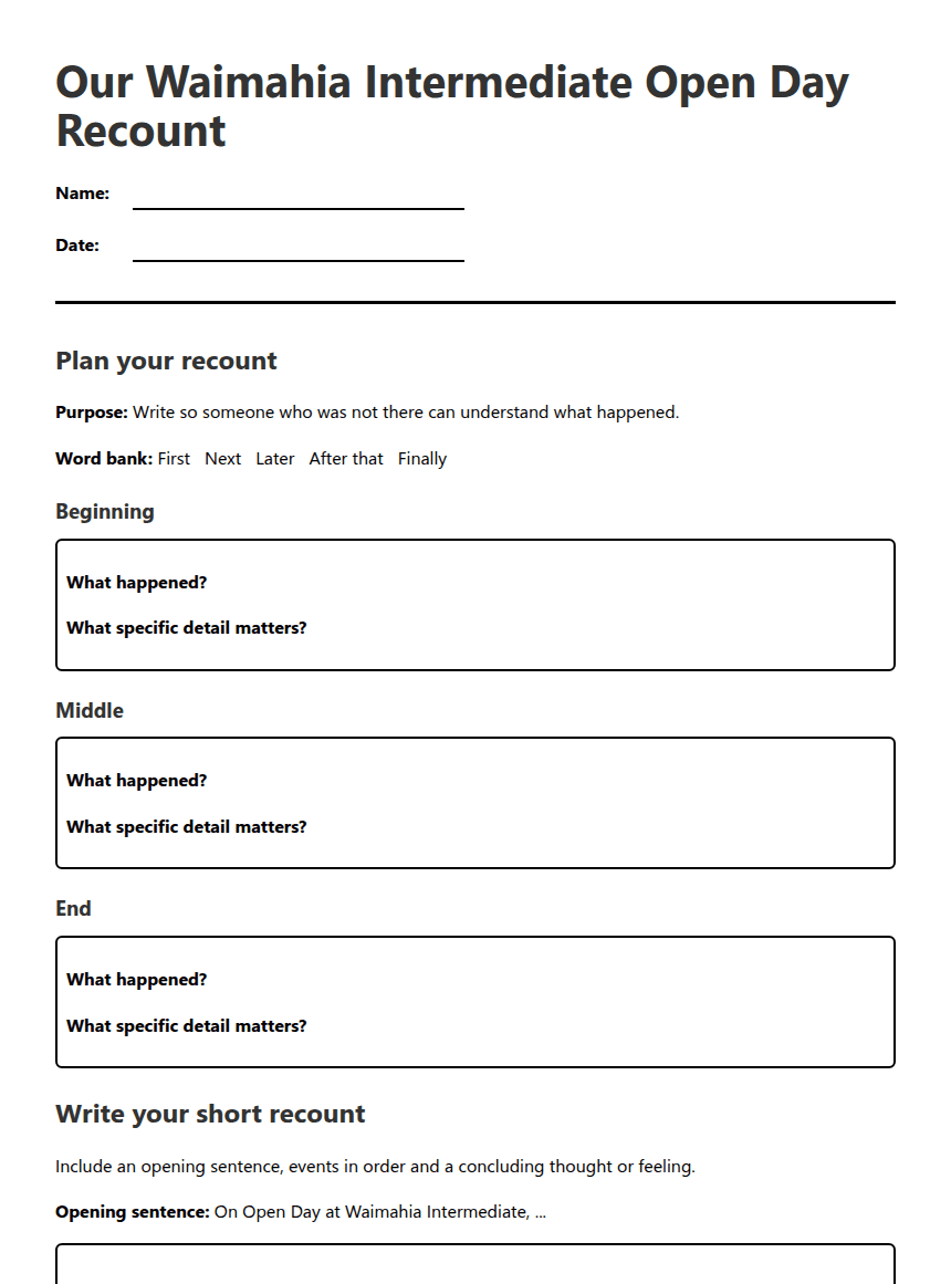 Open Day Recount Planner worksheet preview
