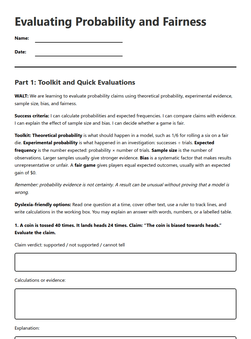 Evaluating Probability and Fairness worksheet preview