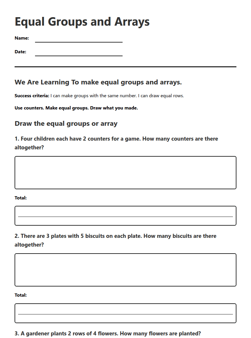 Equal Groups and Arrays worksheet preview