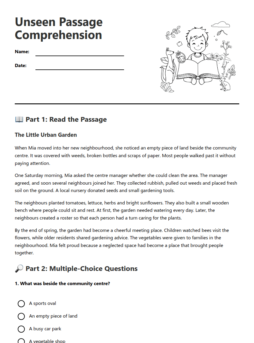 Unseen Passage Comprehension worksheet preview