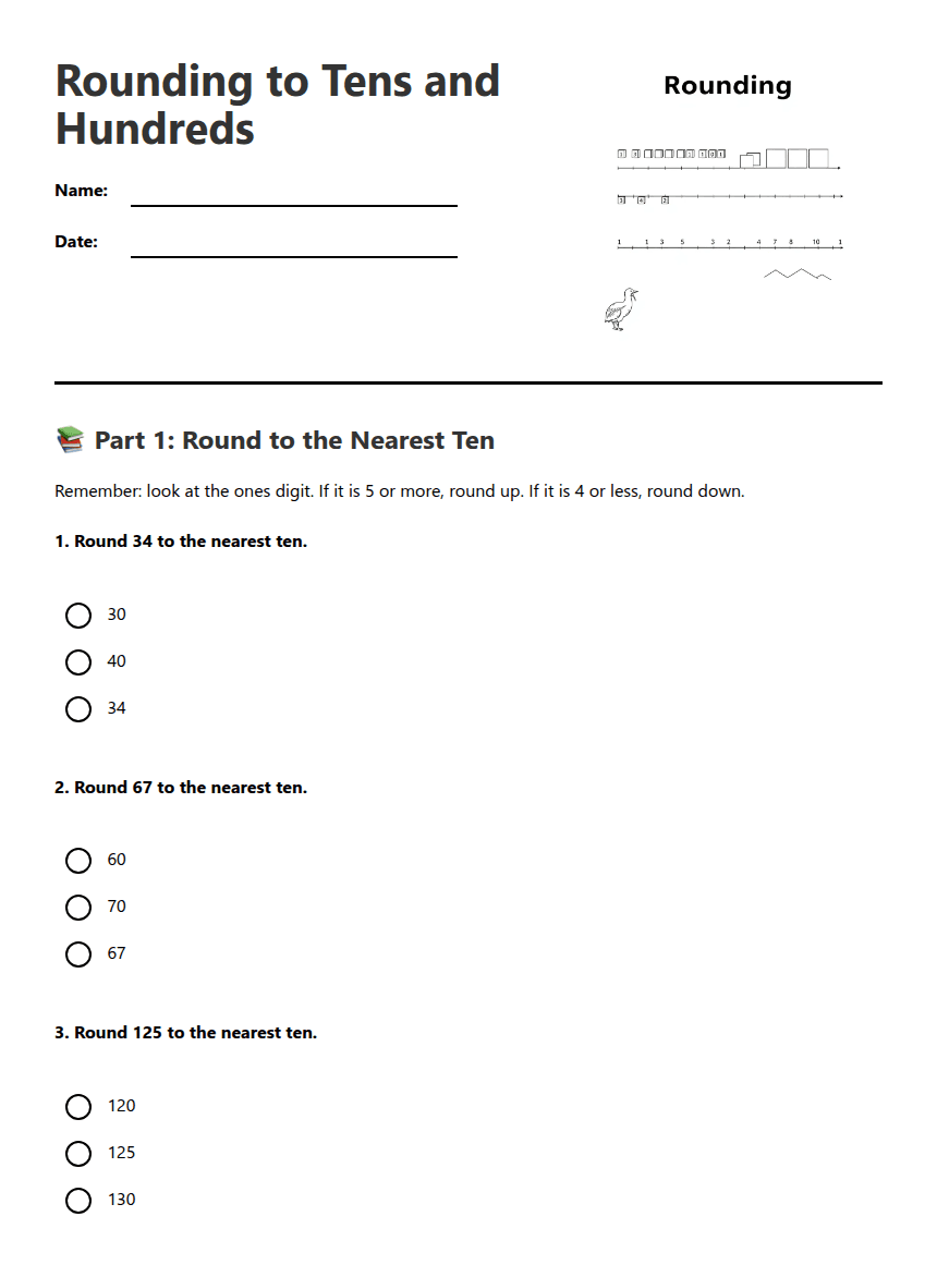 Rounding to Tens and Hundreds worksheet preview