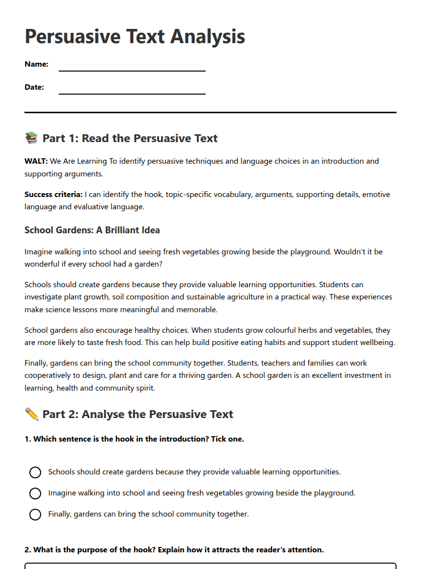 Persuasive Text Analysis worksheet preview