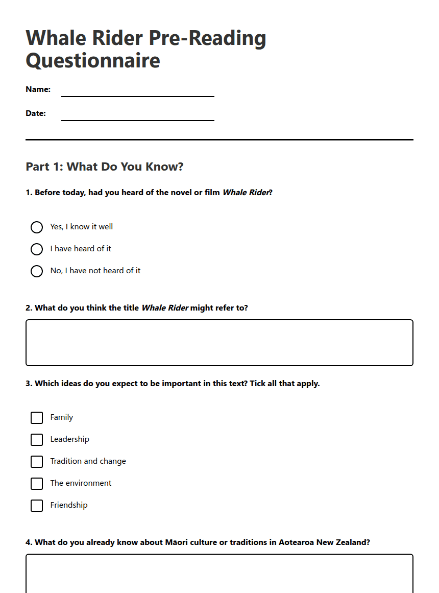 Whale Rider Pre-Reading Questionnaire worksheet preview