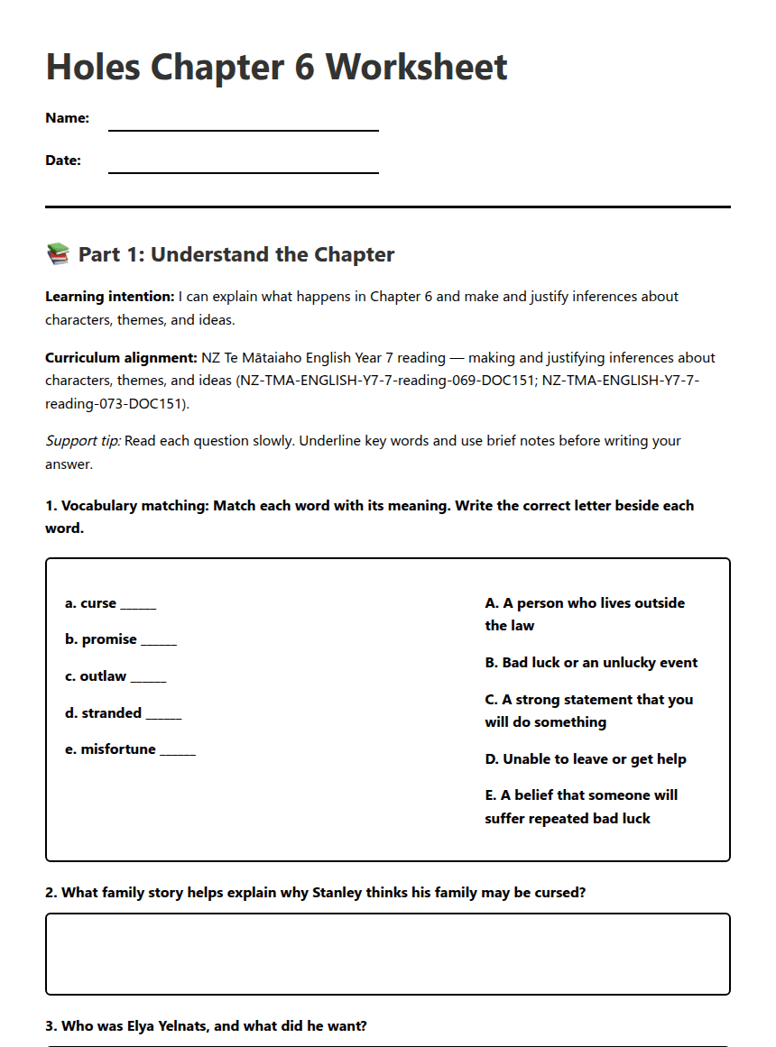 Holes Chapter 6 Worksheet worksheet preview