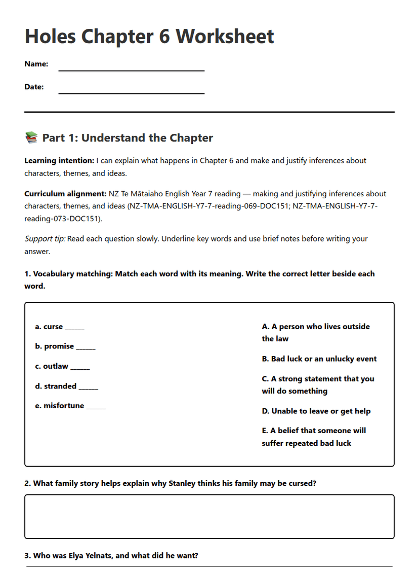 Holes Chapter 6 Worksheet
