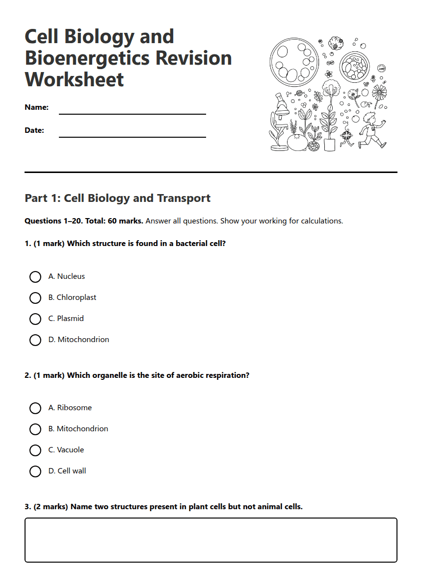 Cell Biology and Bioenergetics Revision Worksheet worksheet preview