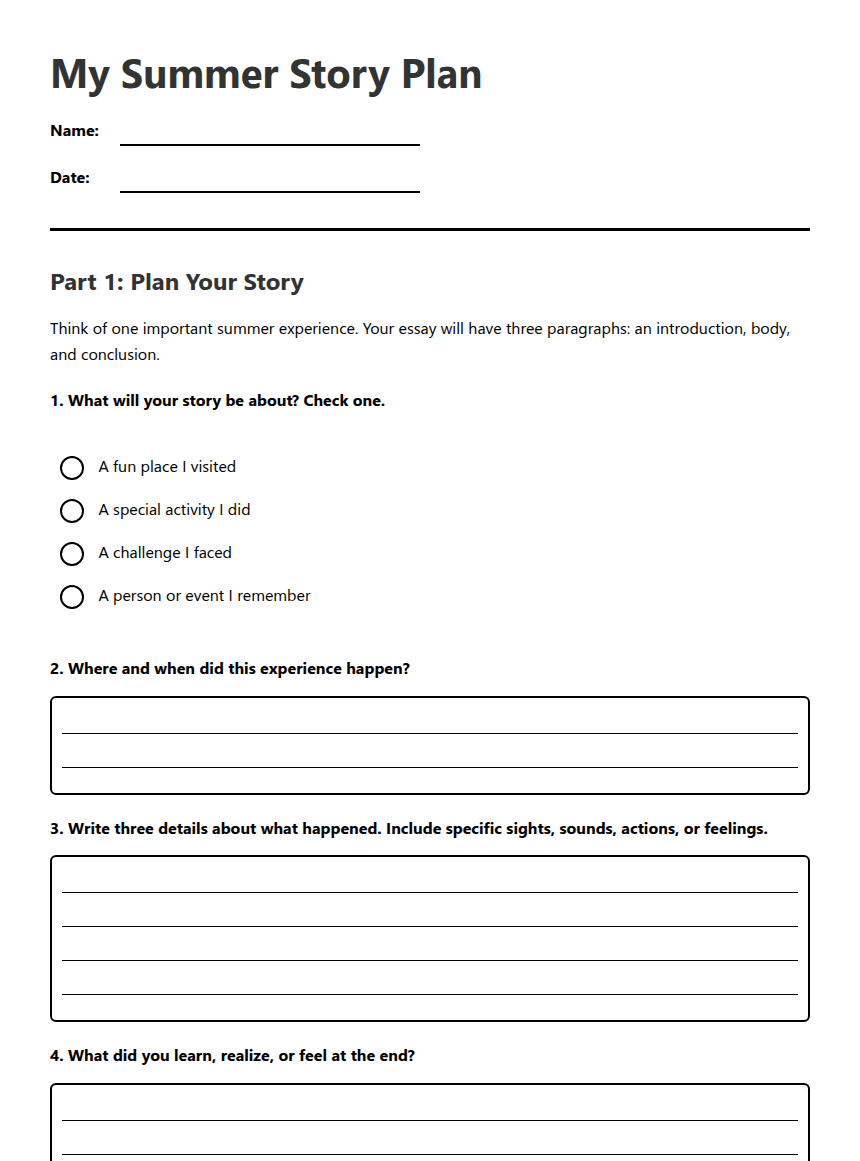My Summer Story Plan worksheet preview