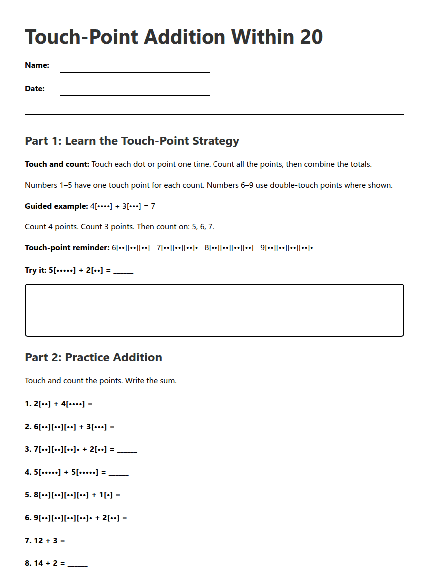 Touch-Point Addition Within 20 worksheet preview