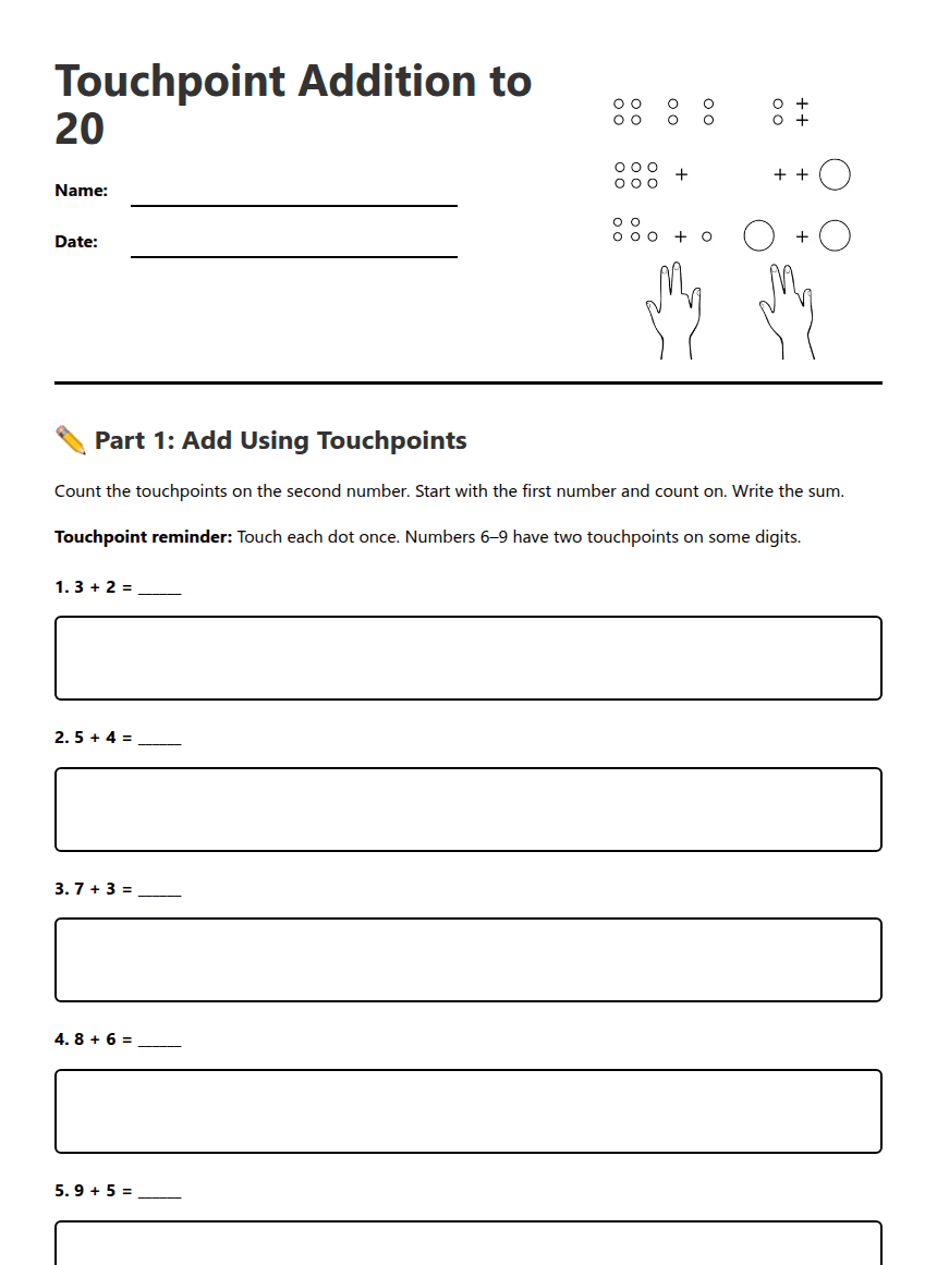 Touchpoint Addition to 20 worksheet preview