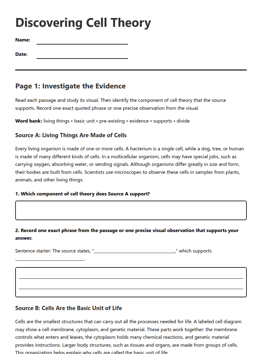 Cell Theory Evidence Map worksheet preview