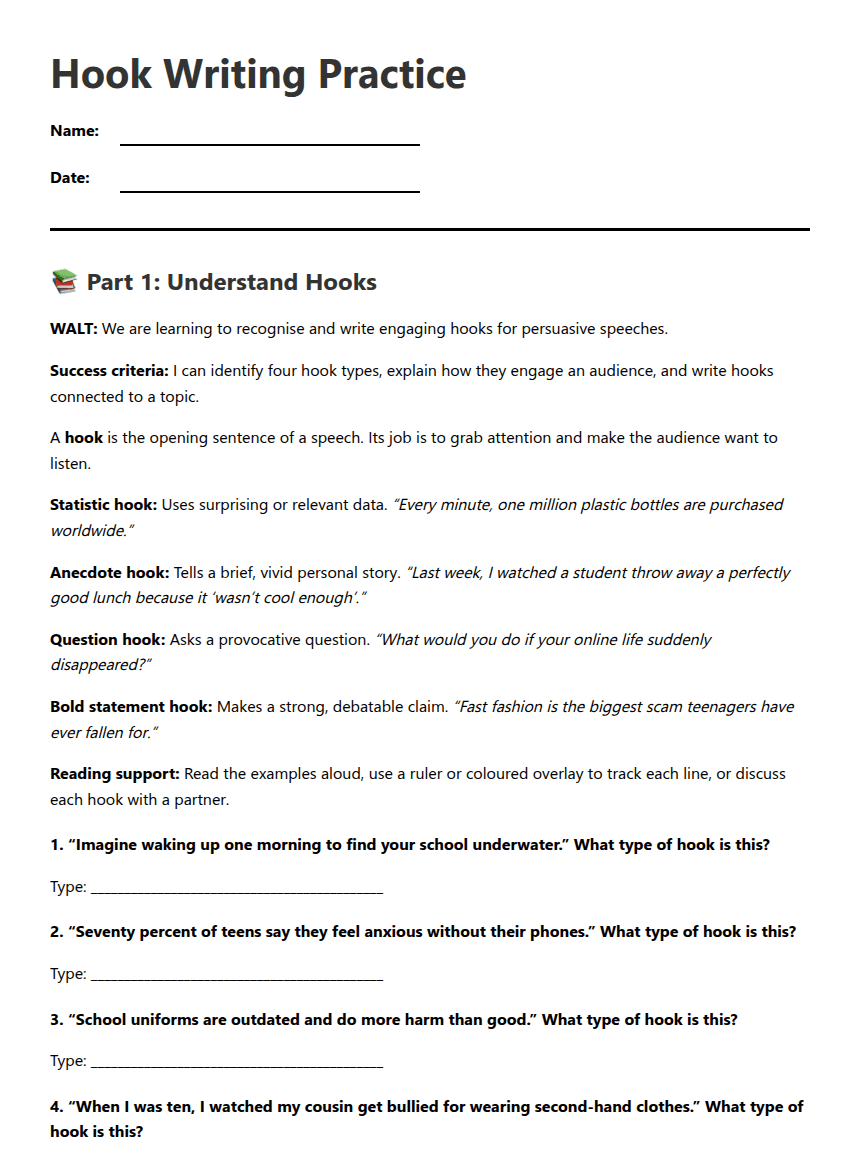 Hook Writing Practice worksheet preview
