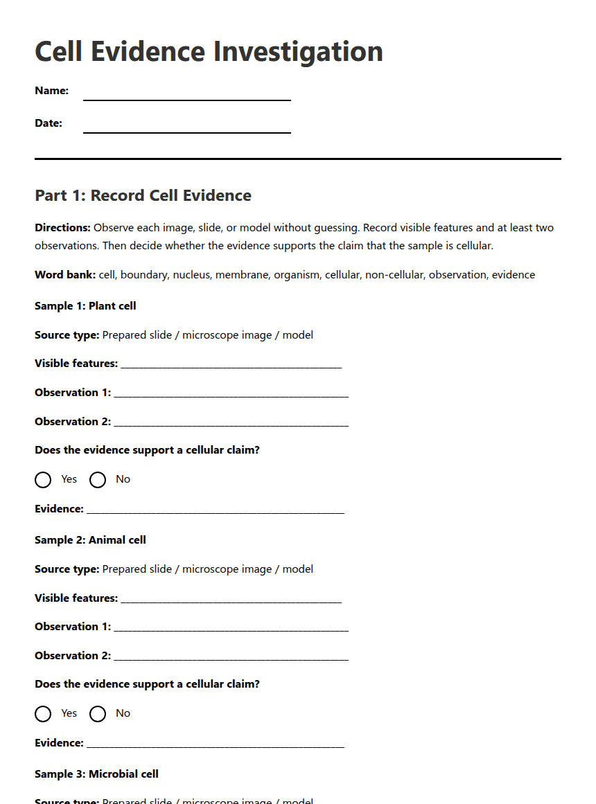 Cell Evidence Investigation worksheet preview