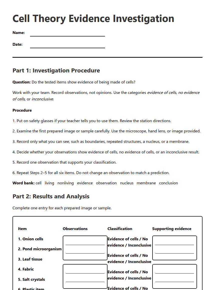 Cell Theory Evidence Investigation worksheet preview