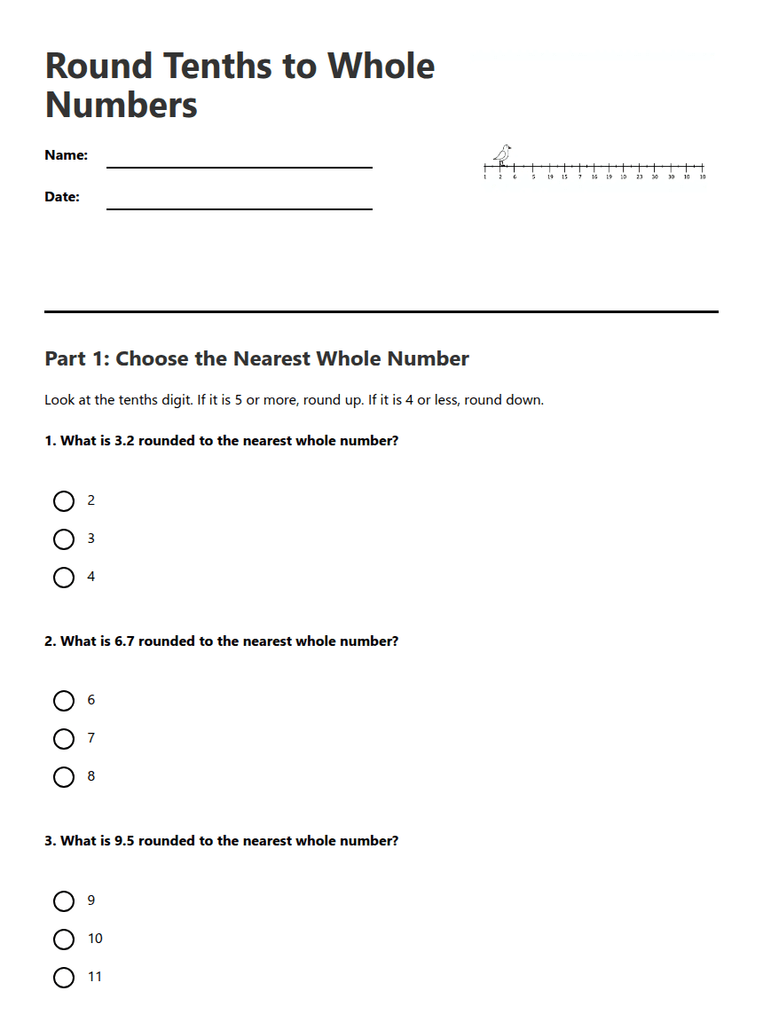 Round Tenths to Whole Numbers worksheet preview