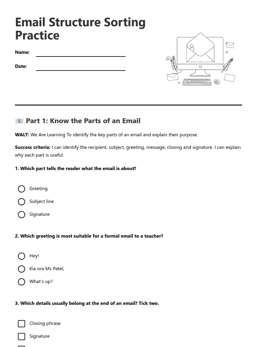 Email Structure Sorting Practice worksheet preview