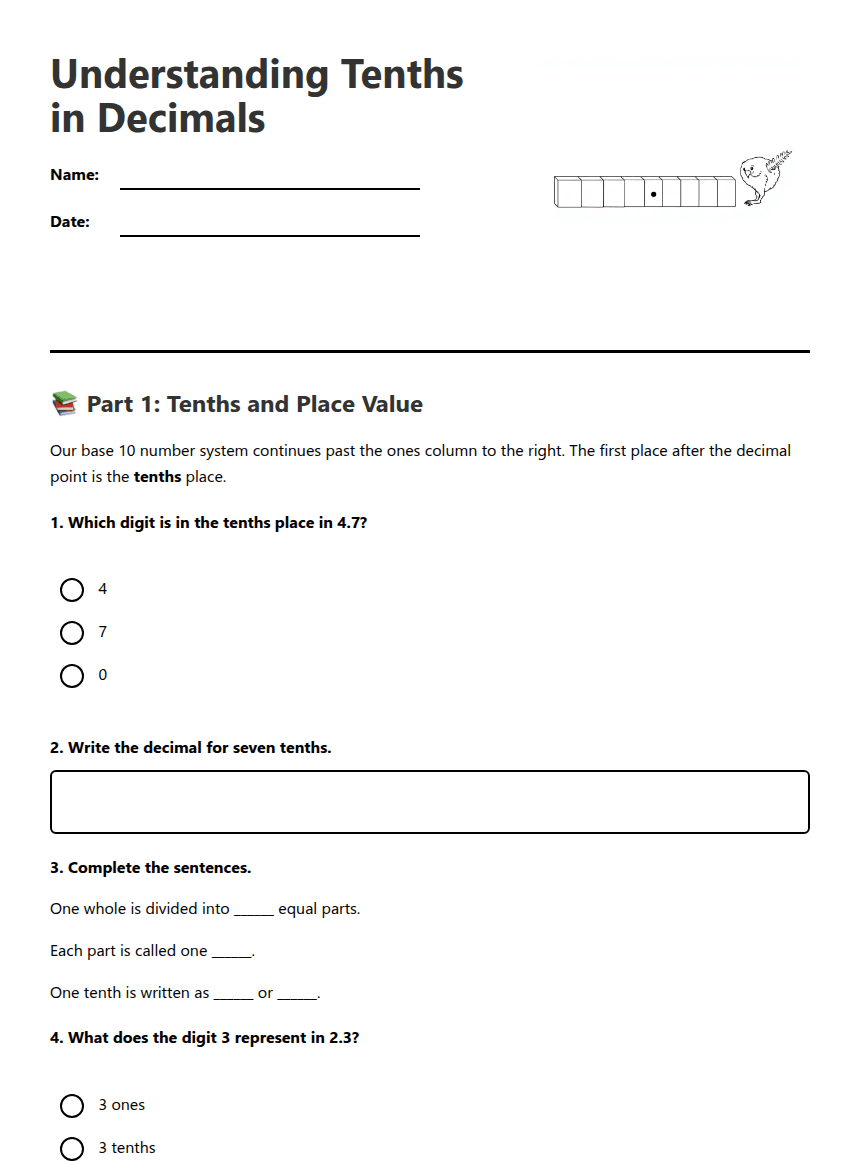 Understanding Tenths in Decimals worksheet preview