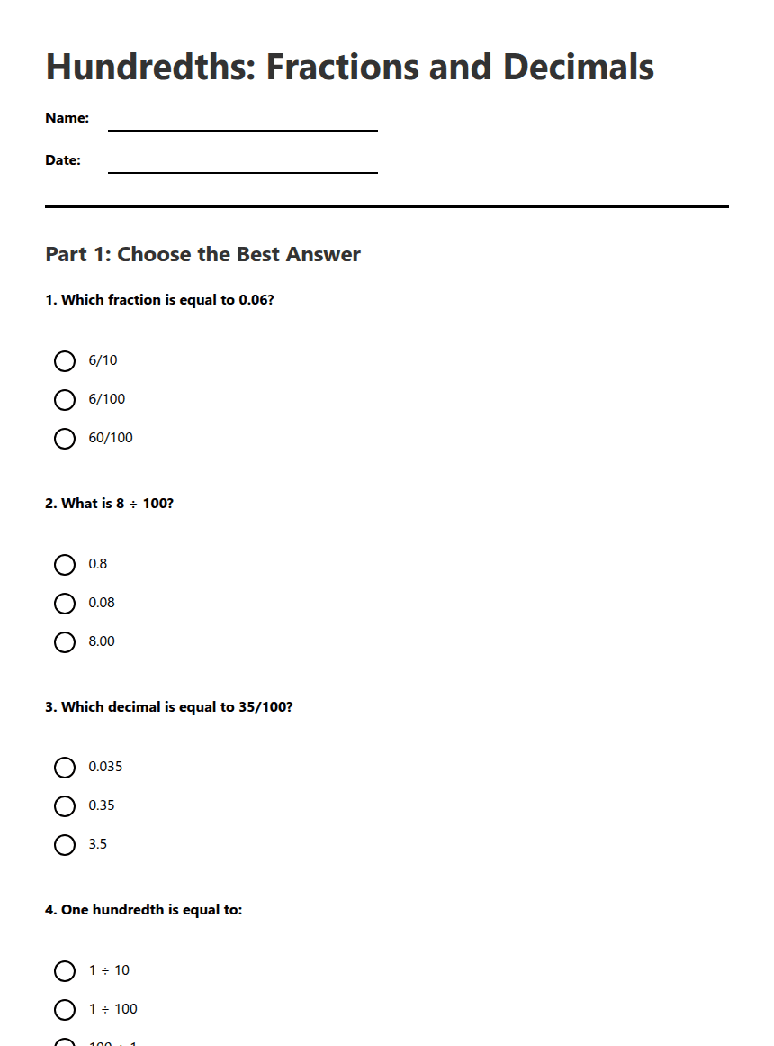 Hundredths: Fractions and Decimals worksheet preview