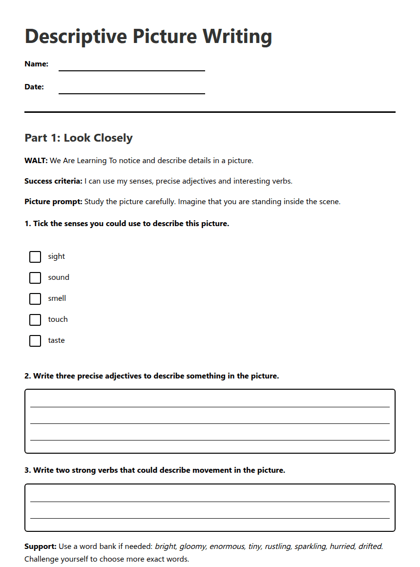 Descriptive Picture Writing worksheet preview