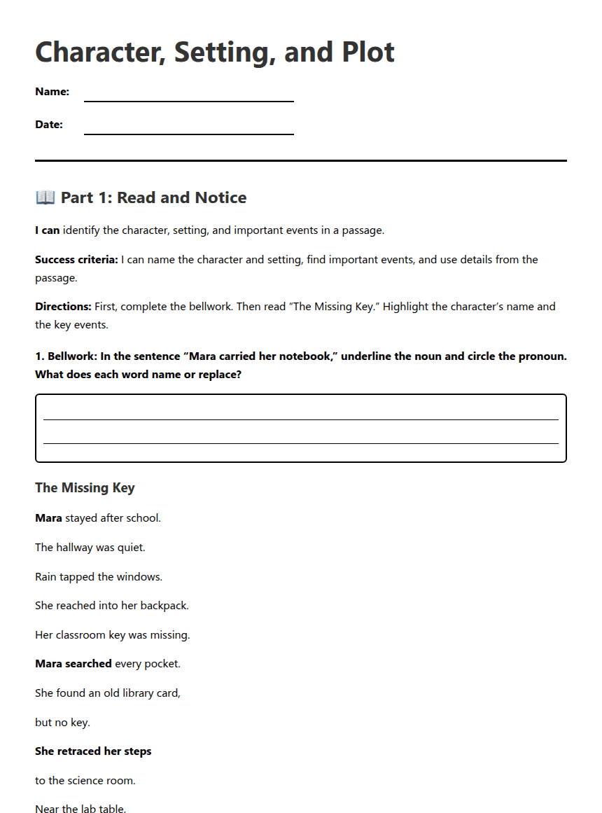 Character, Setting, and Plot worksheet preview