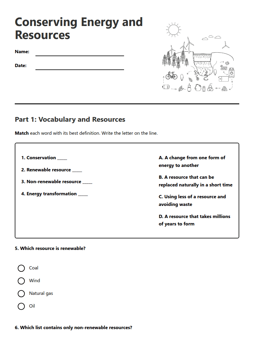 Conserving Energy and Resources worksheet preview