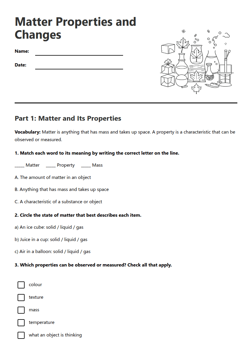 Matter Properties and Changes worksheet preview