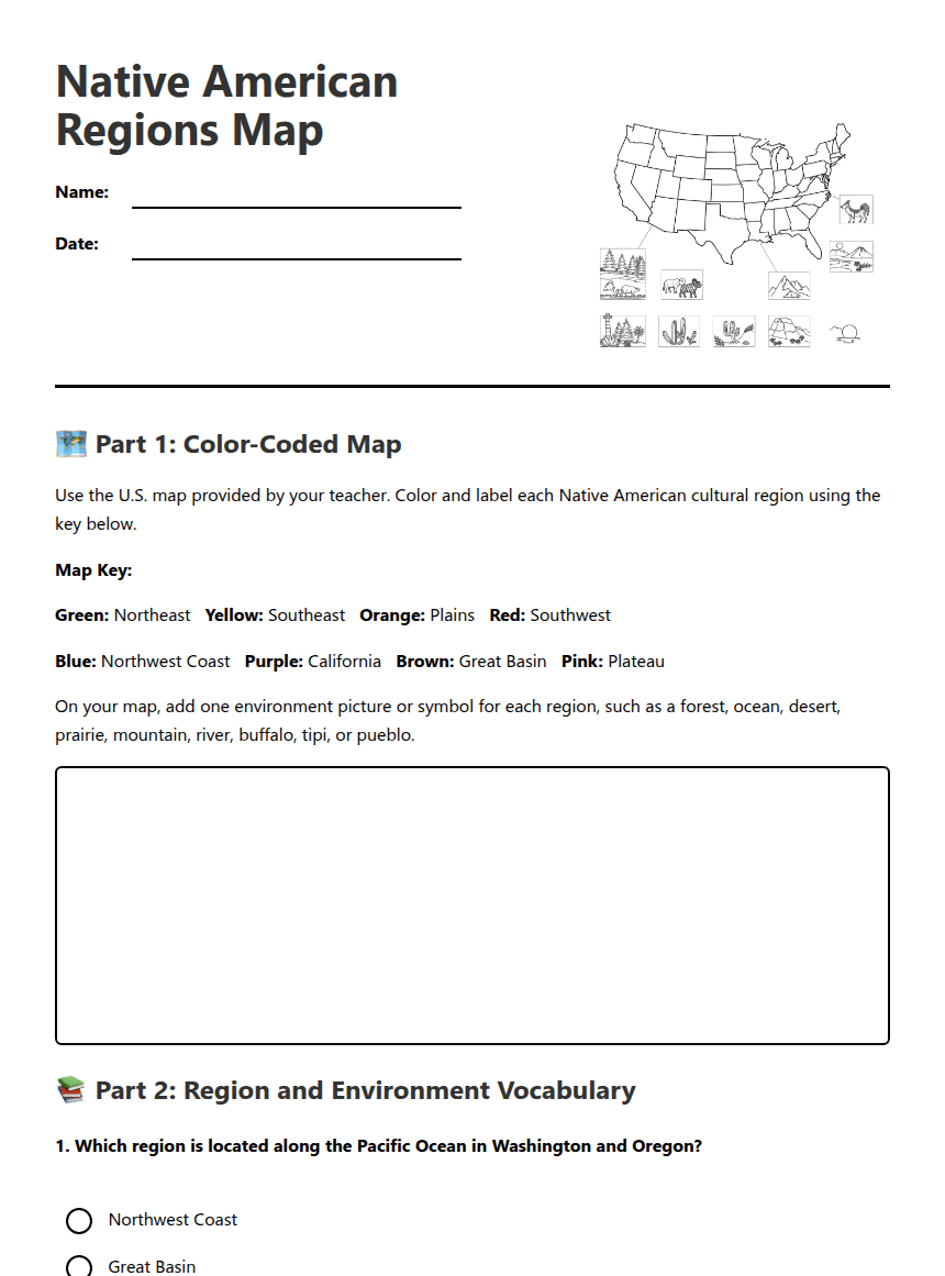 Native American Regions Map worksheet preview