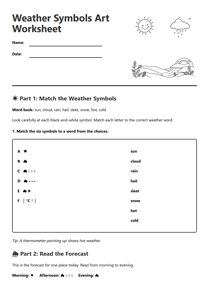 Weather Symbols Art Worksheet worksheet preview