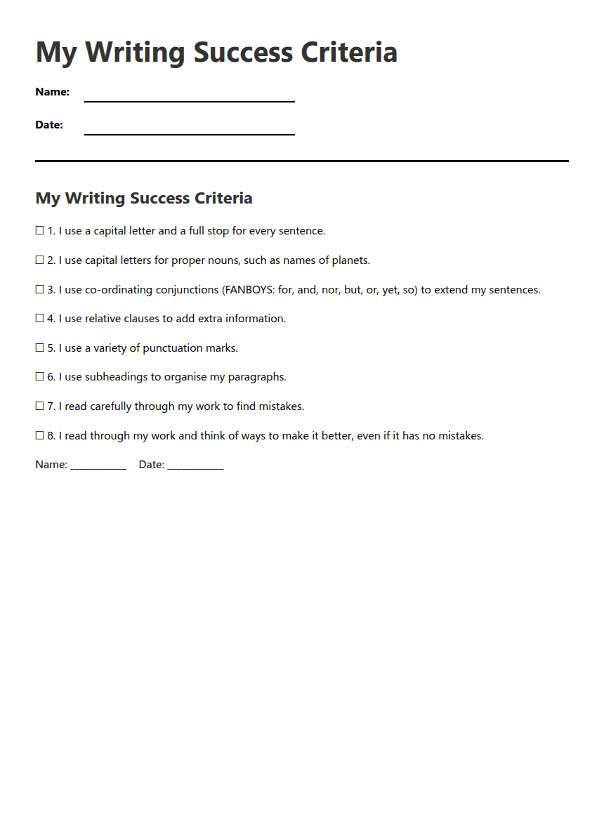 My Writing Success Criteria worksheet preview