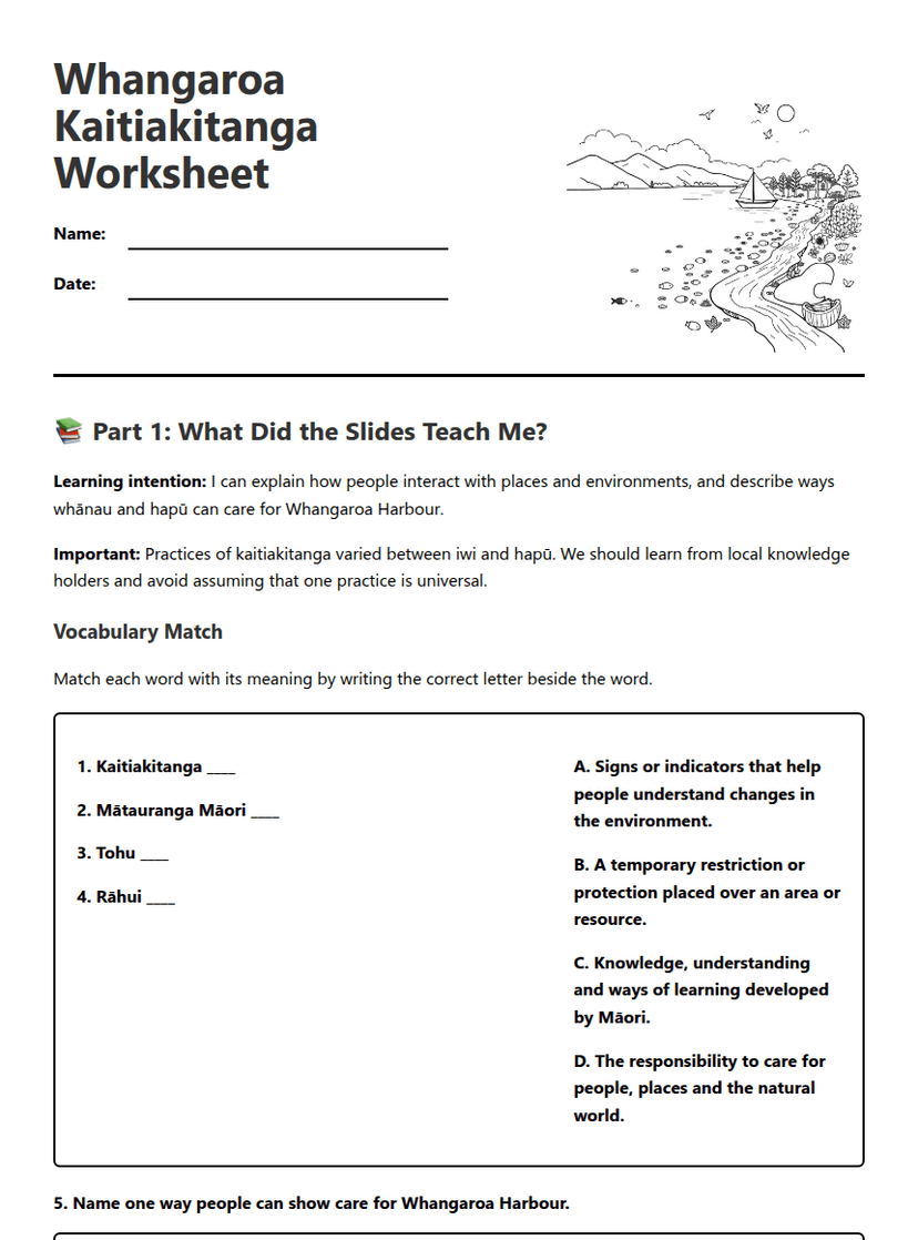 Whangaroa Kaitiakitanga Worksheet