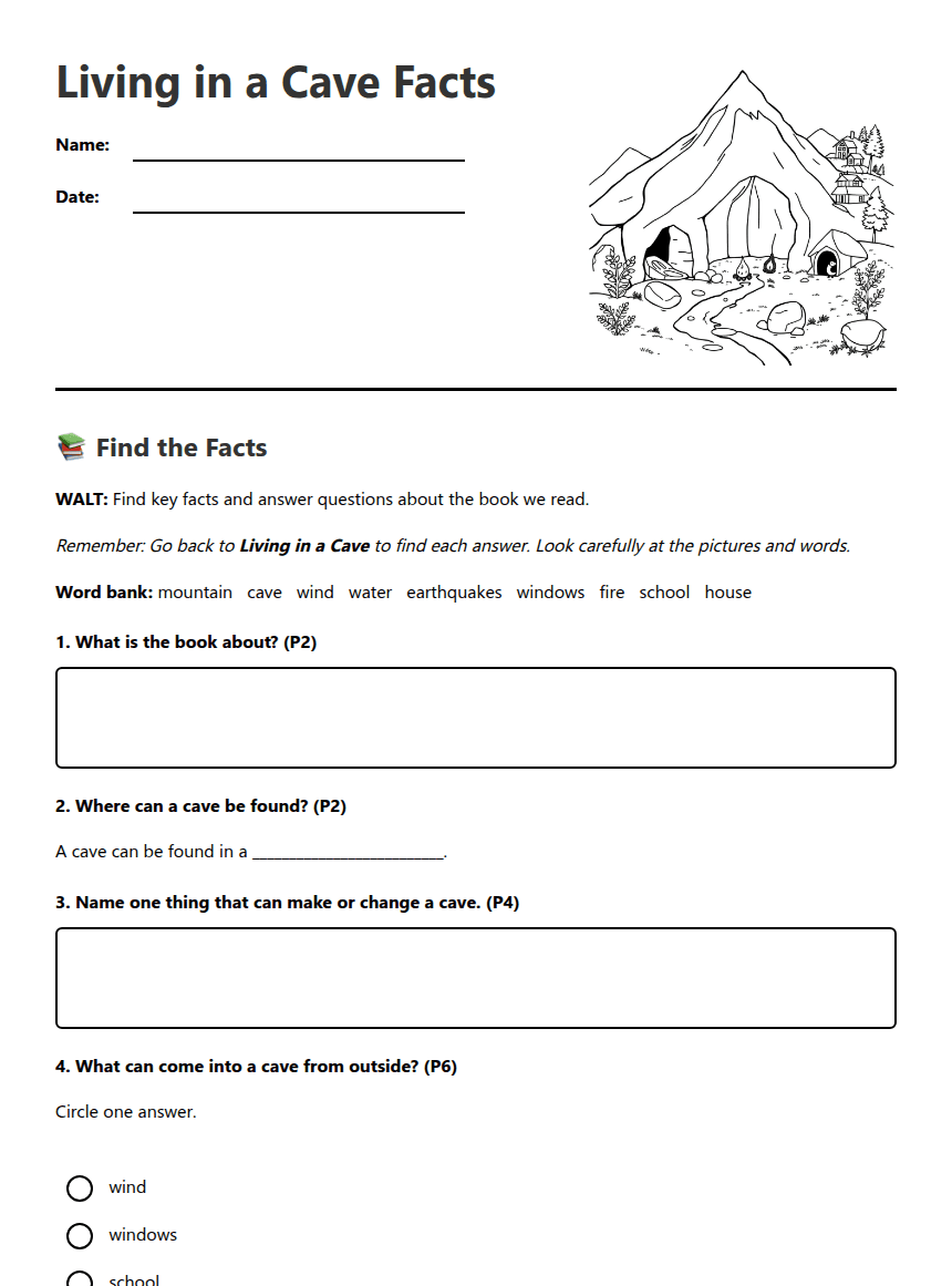 Living in a Cave Facts worksheet preview