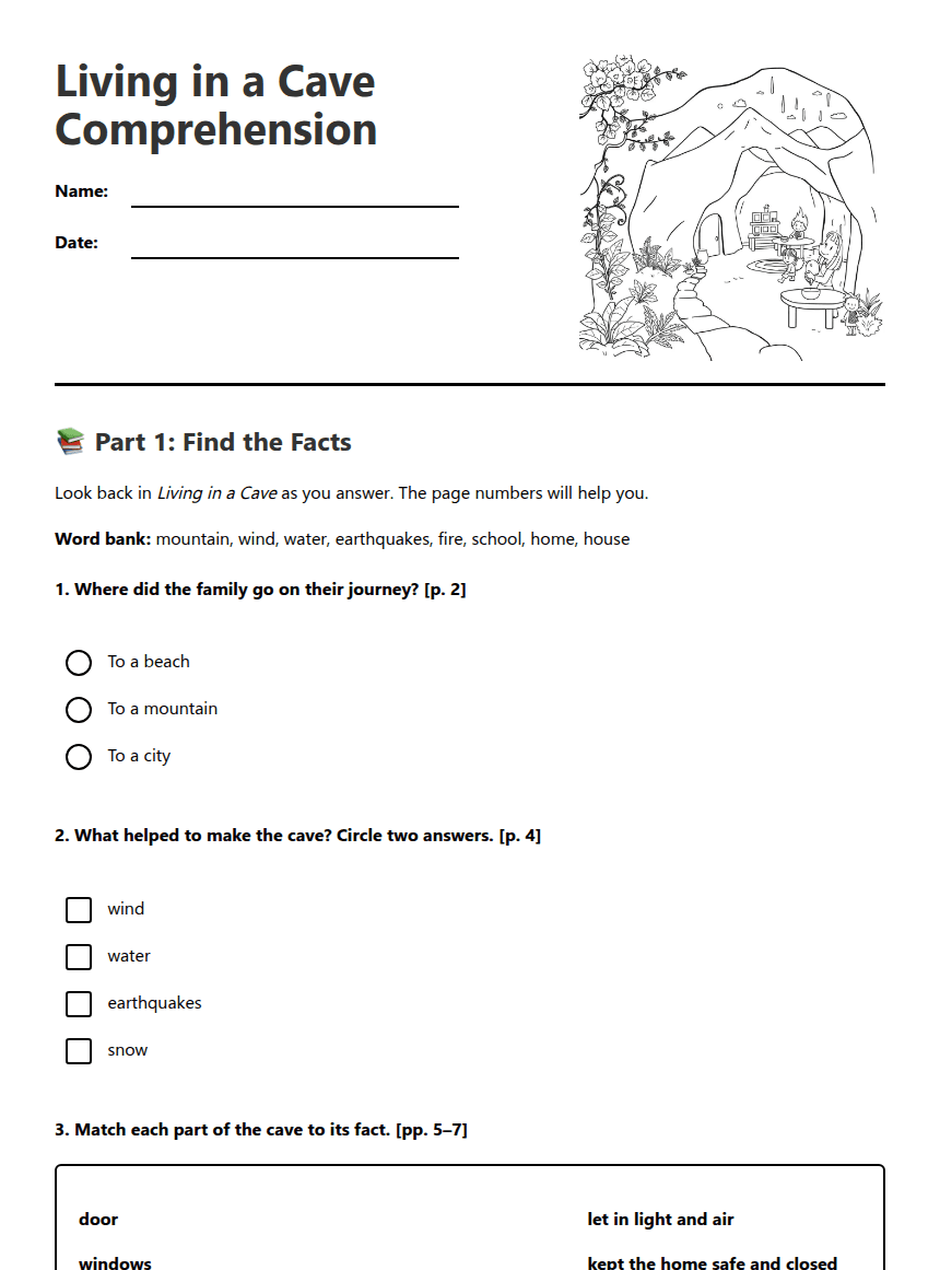 Living in a Cave Comprehension worksheet preview