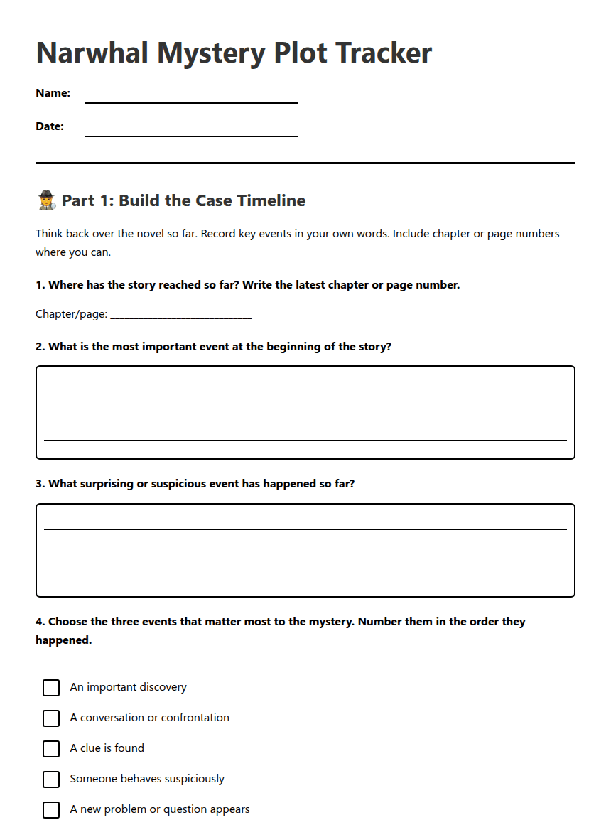 Narwhal Mystery Plot Tracker worksheet preview