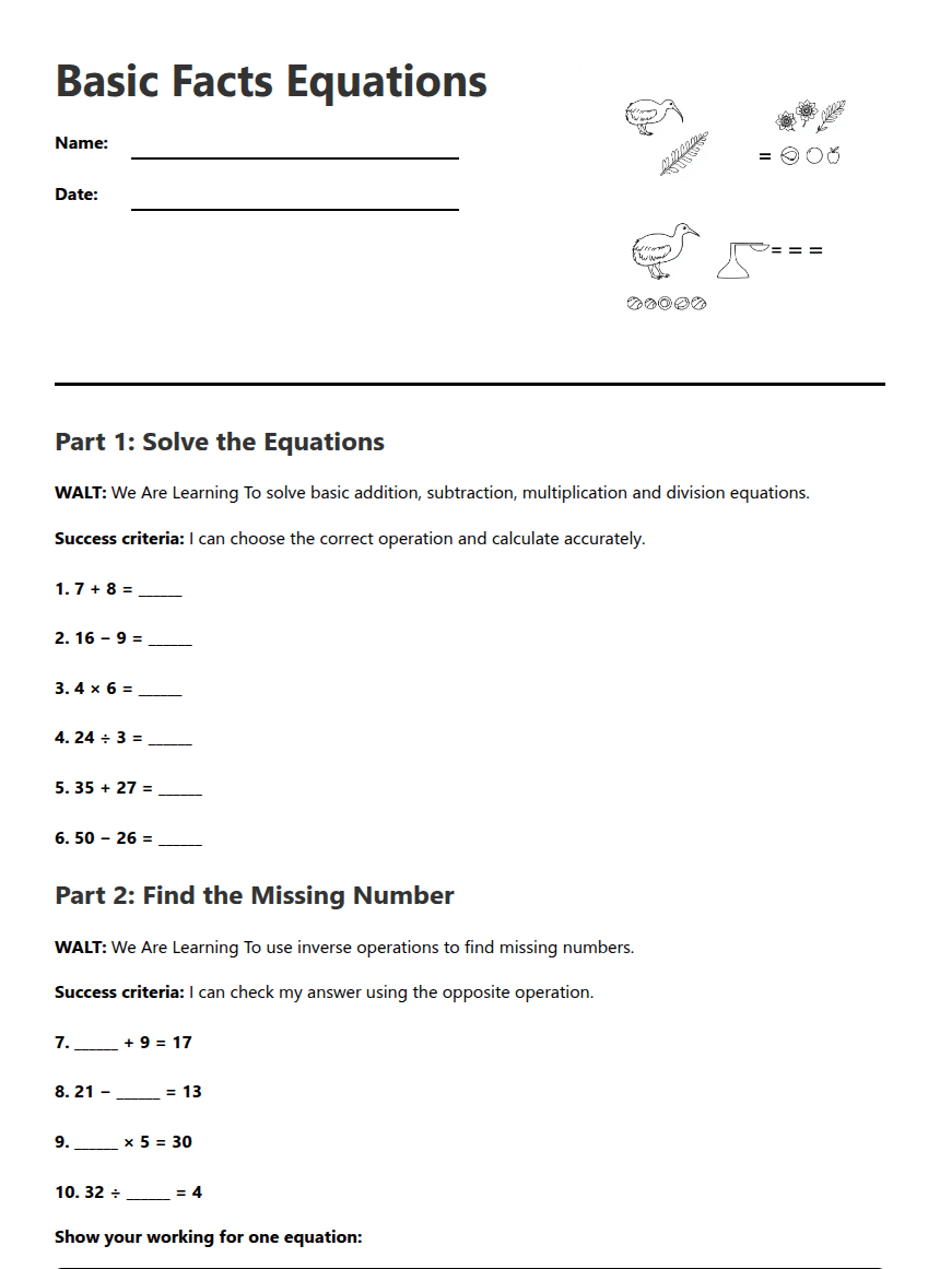 Basic Facts Equations worksheet preview