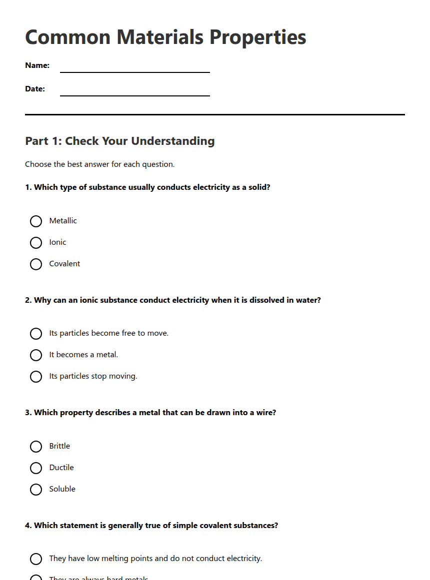 Common Materials Properties worksheet preview