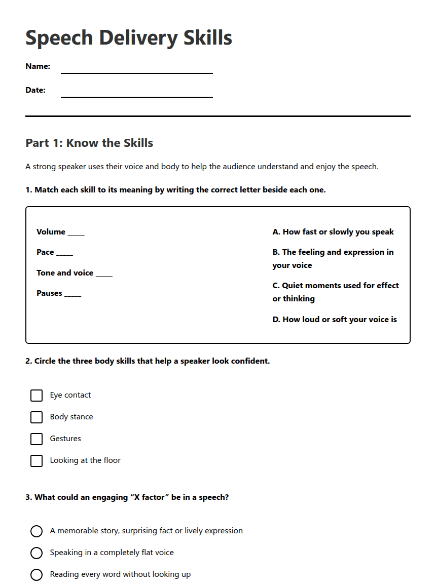 Speech Delivery Skills worksheet preview