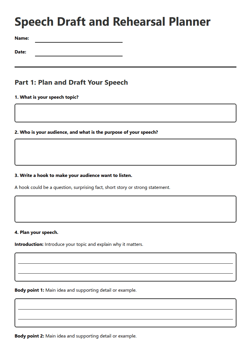 Speech Draft and Rehearsal Planner worksheet preview