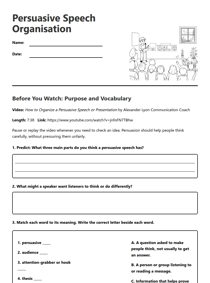 Persuasive Speech Organisation worksheet preview
