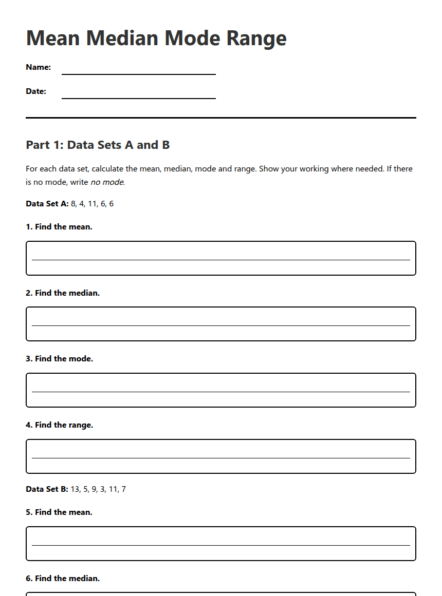 Mean Median Mode Range worksheet preview